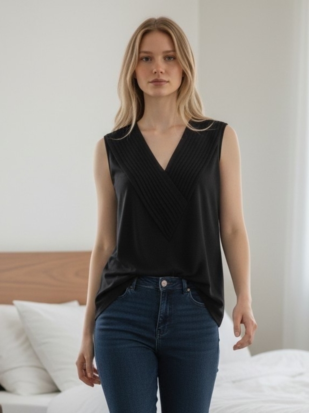 Sleeveless Womens XL Stylish Lightweight Black V-Neck Ribbed Trim Cotton Top
